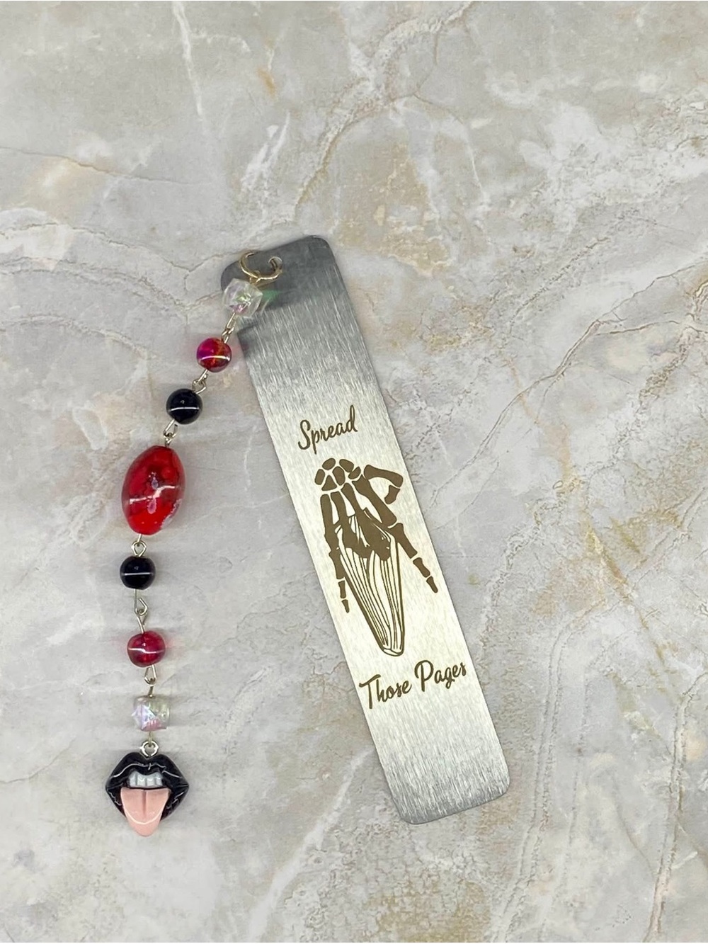 Hand Crafted Silver Metal Bookmark with Red and Black Beaded Tassel